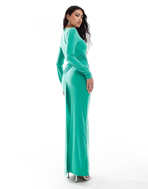 ASOS DESIGN long sleeve drape detail maxi dress in green