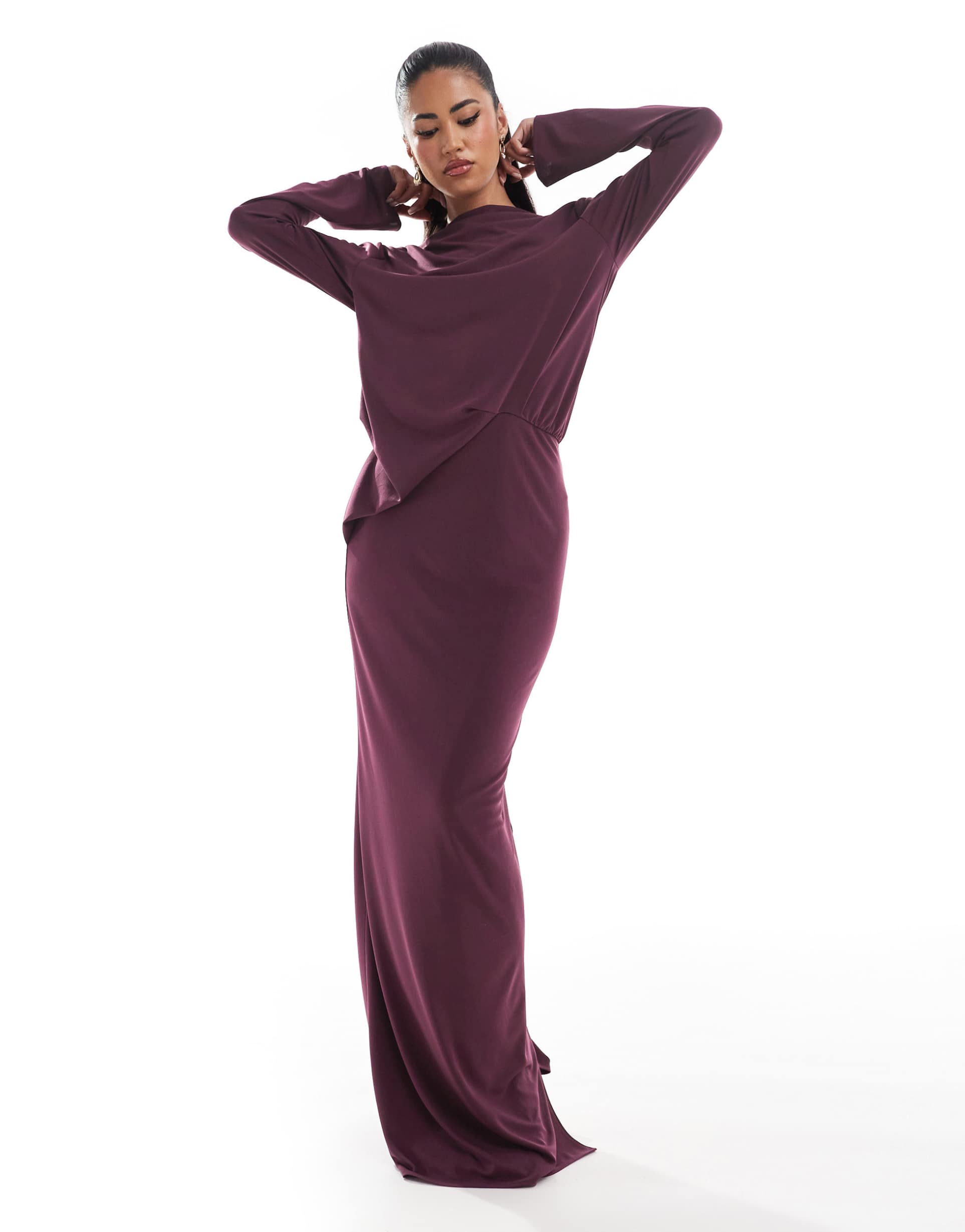 asos design long sleeve drape detail maxi dress in plum