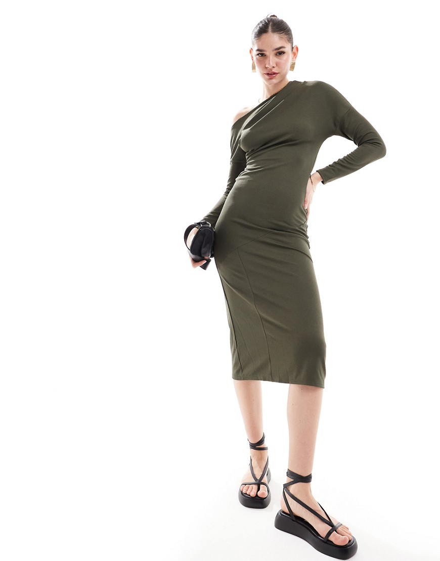 Asos Design Long Sleeve Drape Detail Midi Dress In Olive-neutral