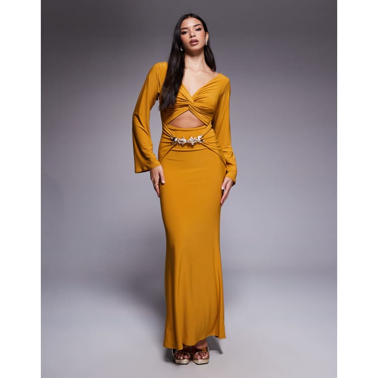 green emerald velvet dress Rent ASOS DESIGN Tall Satin Milkmaid Lace Trim Maxi Dress With Strappy Back  In Gold