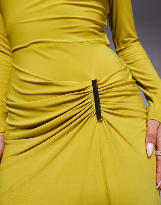 ASOS DESIGN long sleeve drape maxi dress with hitched skirt and trim in lime
