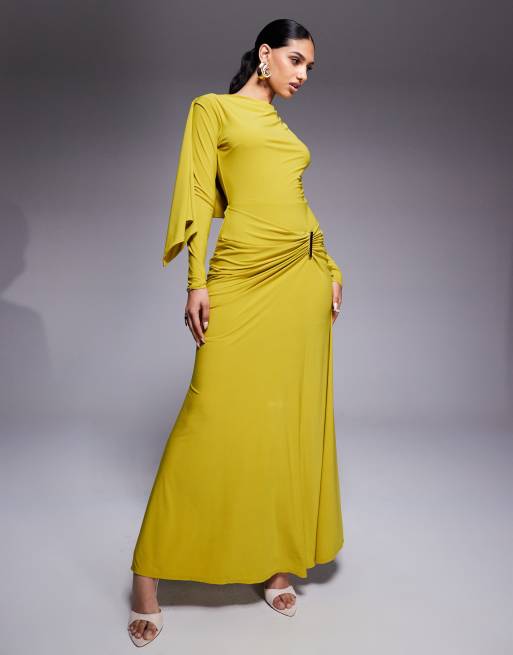 ASOS DESIGN long sleeve drape maxi dress with hitched skirt and trim in lime