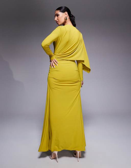 ASOS DESIGN long sleeve drape maxi dress with hitched skirt and trim in lime