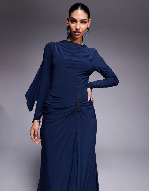 ASOS DESIGN long sleeve drape maxi dress with hitched skirt and trim in navy - MODESTY