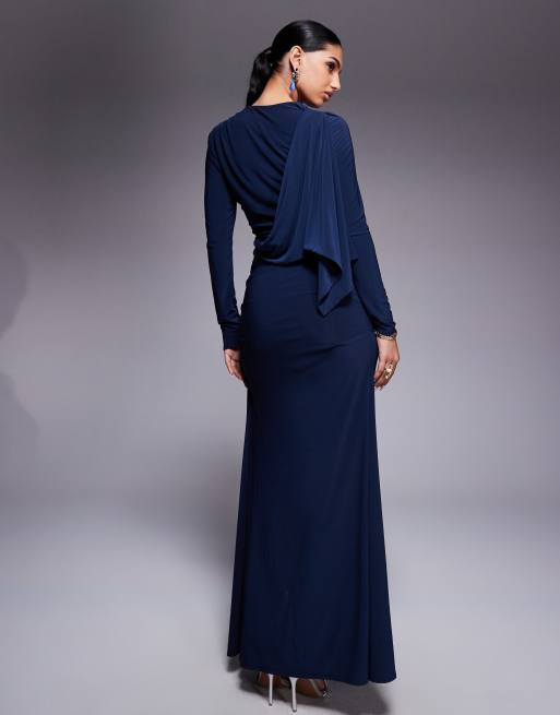 ASOS DESIGN long sleeve drape maxi dress with hitched skirt and trim in navy - MODESTY