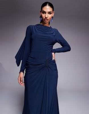 ASOS DESIGN long sleeve drape maxi dress with hitched skirt and trim in navy - MODESTY
