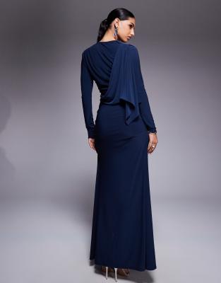 ASOS DESIGN long sleeve drape maxi dress with hitched skirt and trim in navy - MODESTY
