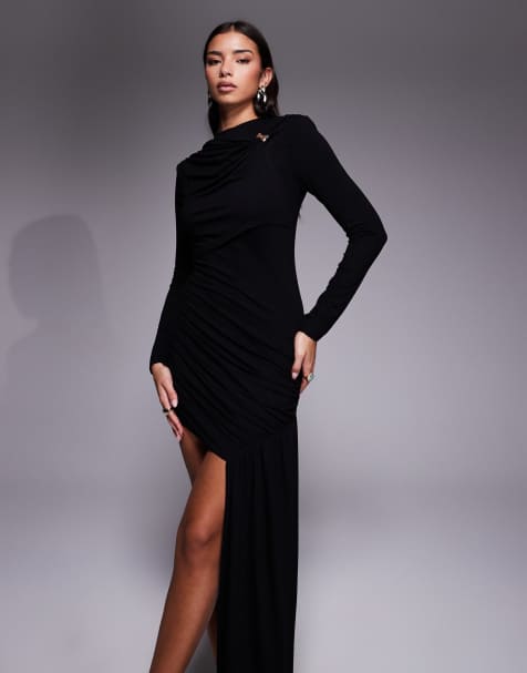 ASOS DESIGN long sleeve drape mini dress with sash & gold hardware in black - view 1