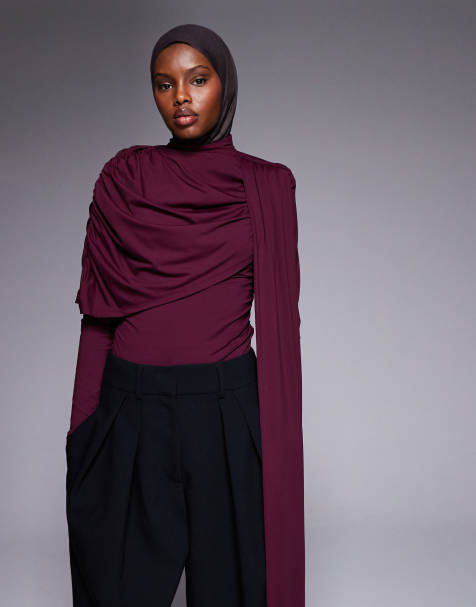 ASOS DESIGN long sleeve top with drape over scarf in plum