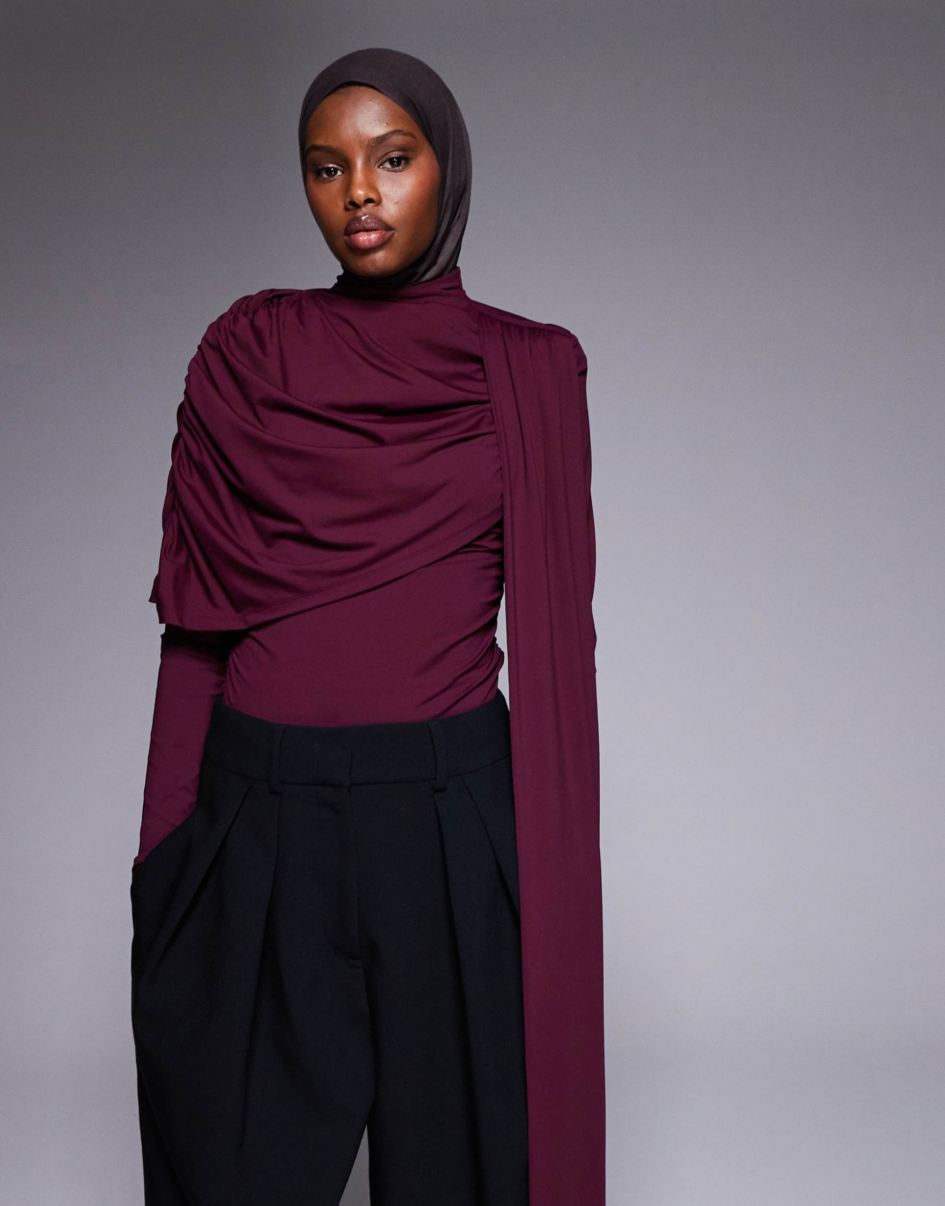 asos design long sleeve drape over scarf top in plum