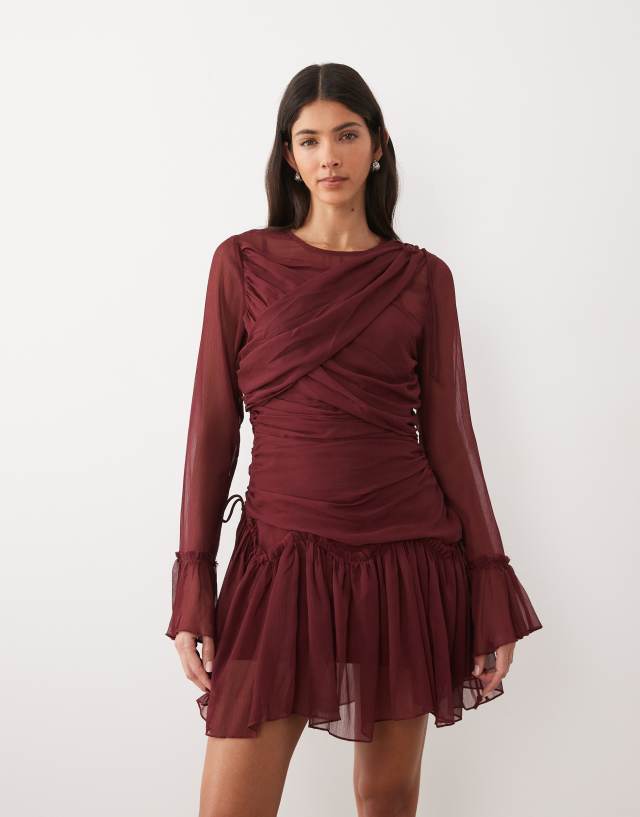 ASOS DESIGN long sleeve draped frill mini dress in burgundy