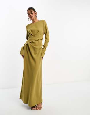 ASOS DESIGN long sleeve draped maxi dress with sleeve detail in gold | ASOS