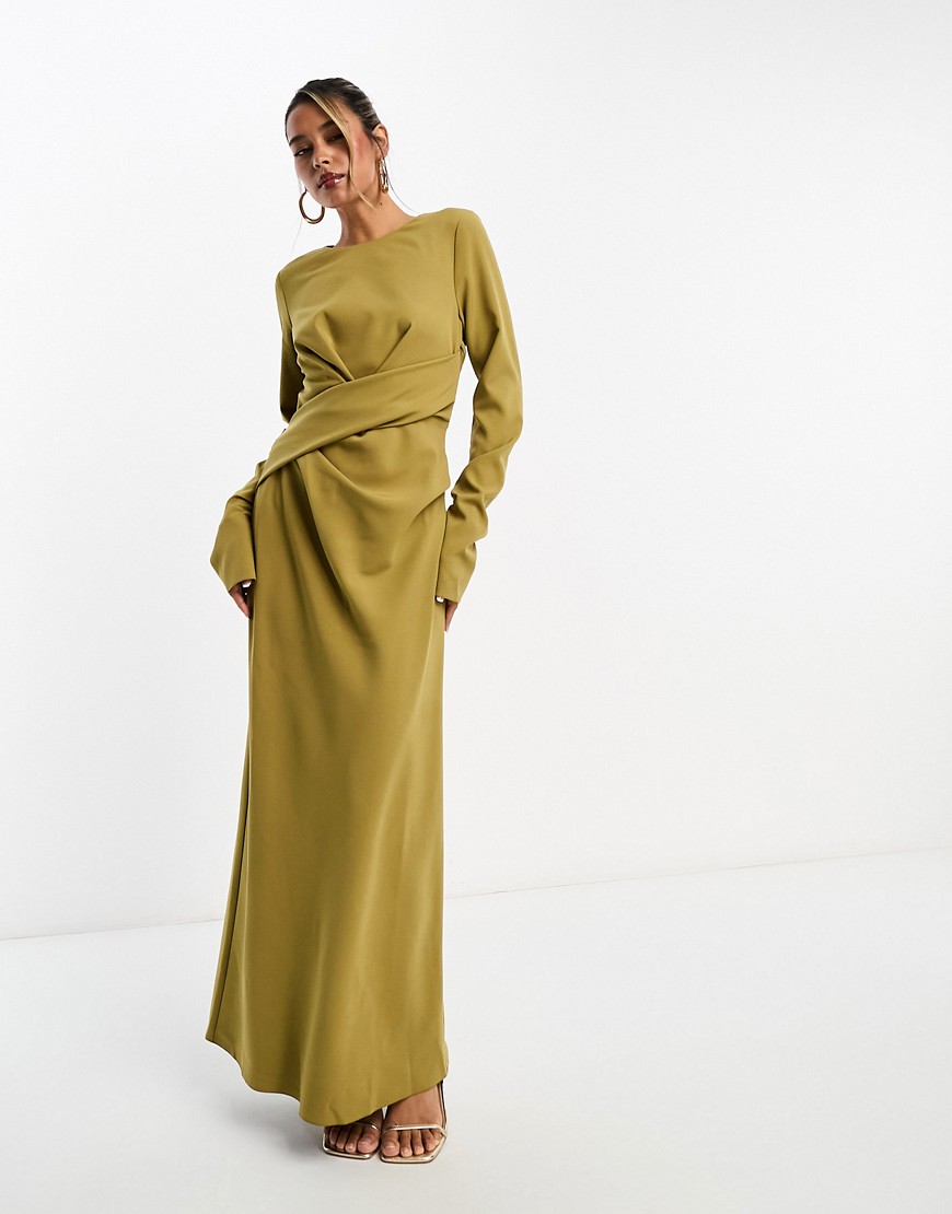 ASOS DESIGN long sleeve draped maxi with sleeve detail in gold