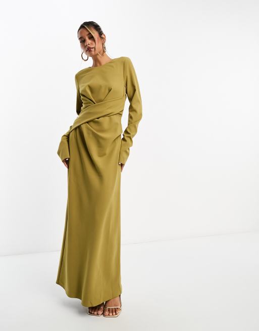 ASOS DESIGN long sleeve draped maxi with sleeve detail in gold | ASOS