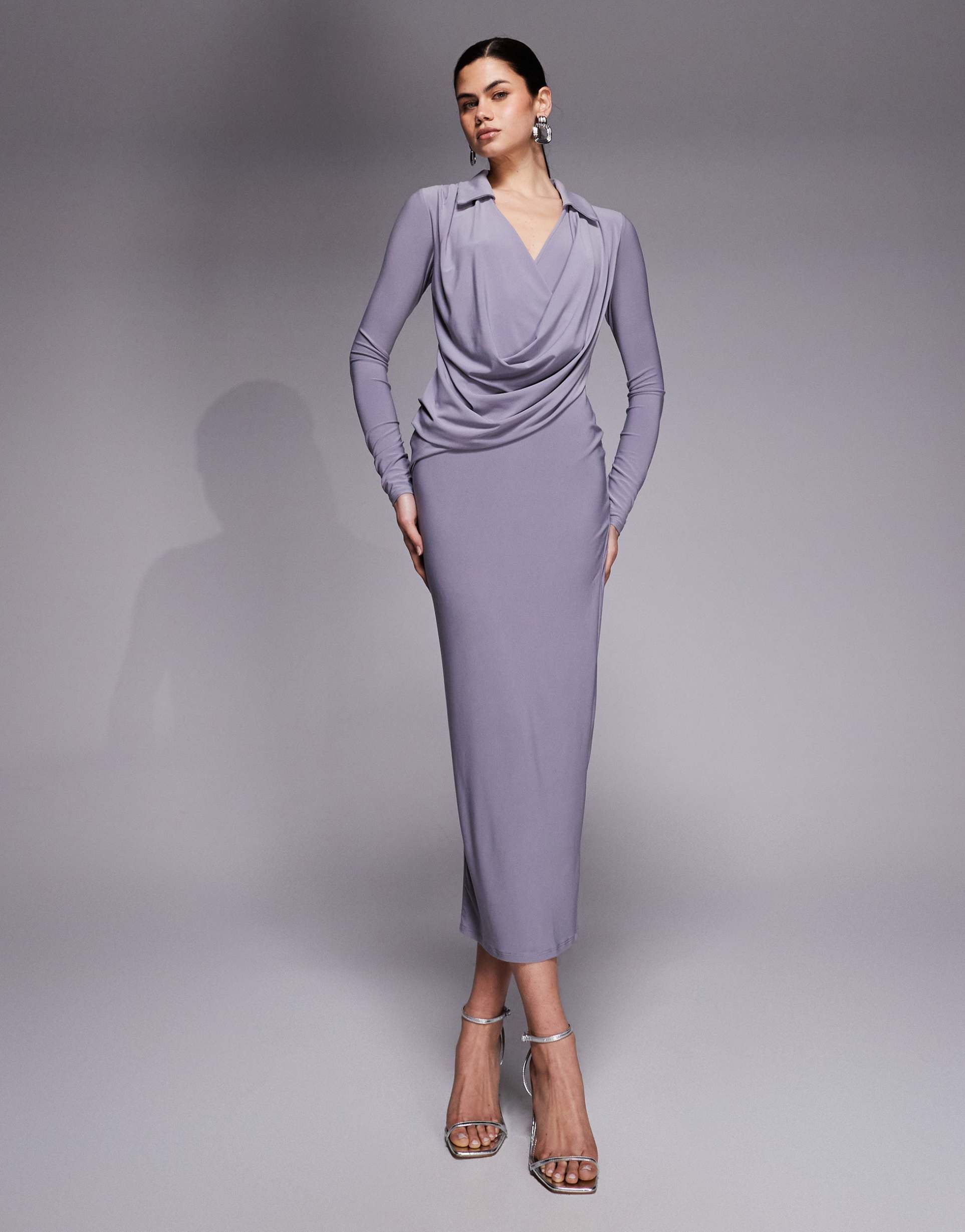 asos design long sleeve draped midi shirt dress in gray