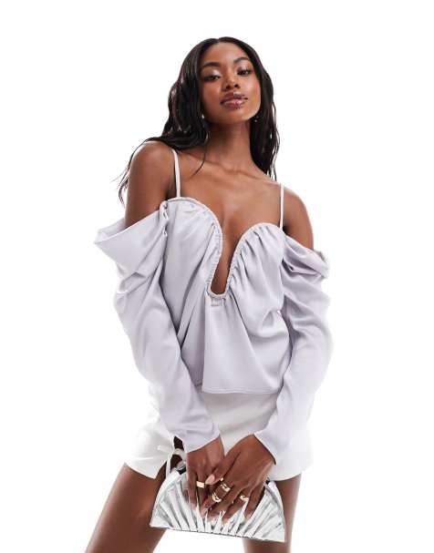 ASOS DESIGN long sleeve draped off shoulder satin top in silver - view 1