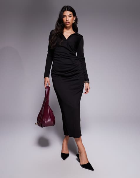 ASOS DESIGN long sleeve draped shirt maxi dress in black - view 1
