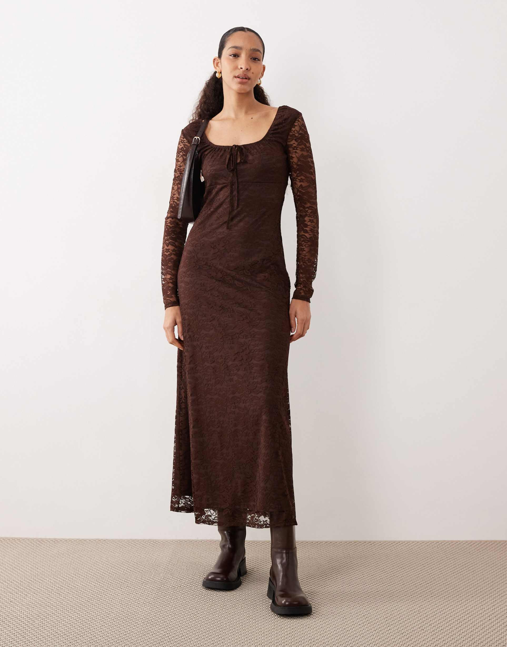 asos design long sleeve draped-skirt midi dress in chocolate
