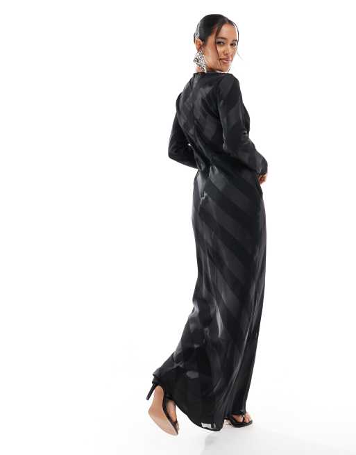 ASOS DESIGN long sleeve draped striped maxi dress in black