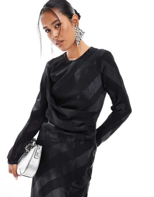 ASOS DESIGN long sleeve draped striped maxi dress in black