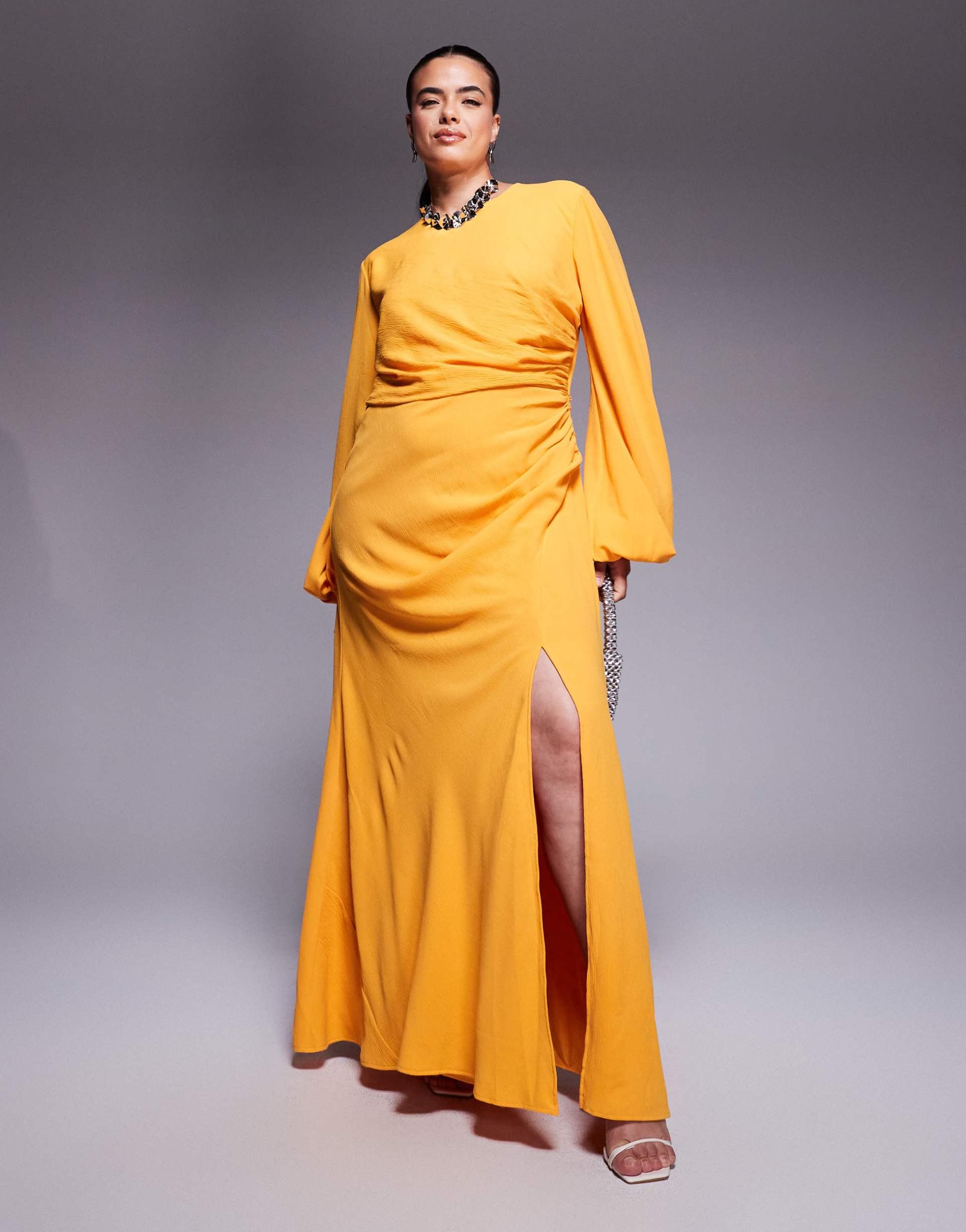 asos design long sleeve draped textured maxi dress with slit in orange