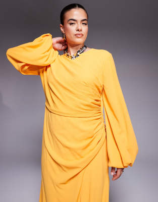 Asos Curve Asos Design Long Sleeve Draped Textured Maxi Dress With Slit In Orange