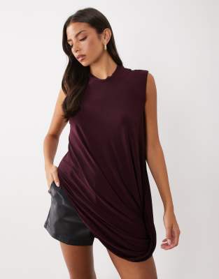 Asos Design Long Sleeve Draped Tunic Top In Green