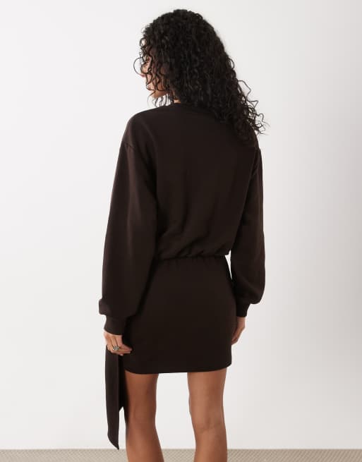 ASOS DESIGN long sleeve draped waist dress in brown, 3 of 4