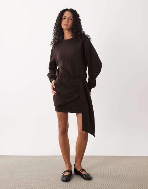 ASOS DESIGN long sleeve draped waist midi dress in brown - view 1