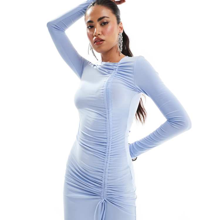 ASOS DESIGN long sleeve drawstring ruched maxi dress in sky blue | ASOS