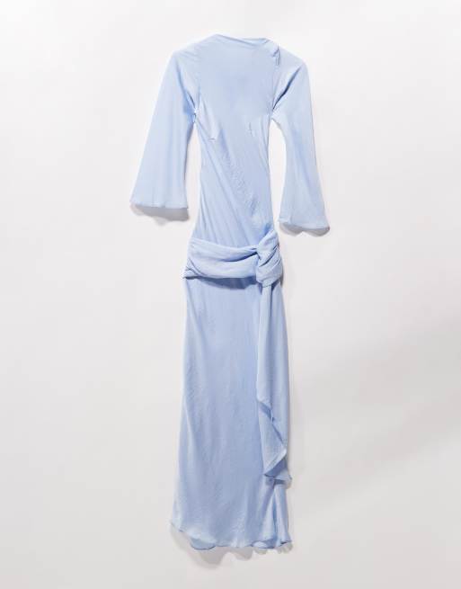 ASOS DESIGN long sleeve dropped belt satin maxi dress in sky blue