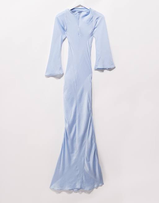 ASOS DESIGN long sleeve dropped belt satin maxi dress in sky blue