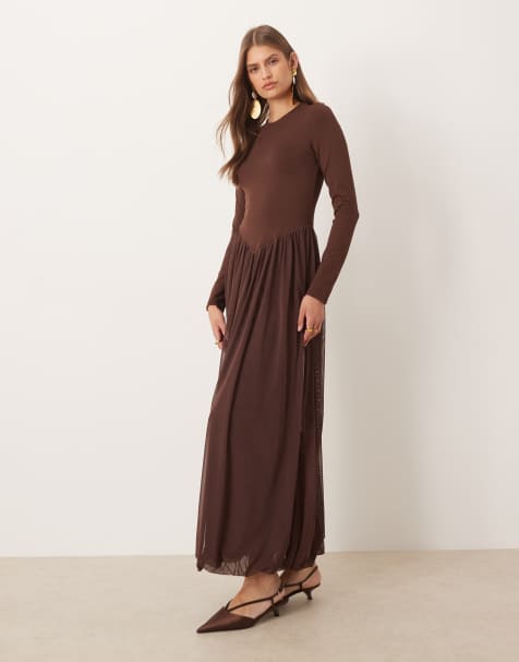 ASOS DESIGN long sleeve dropped v waist bubble hem midi dress in chocolate - view 1