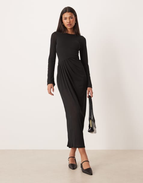 ASOS DESIGN long sleeve dropped waist draped skirt maxi dress in black