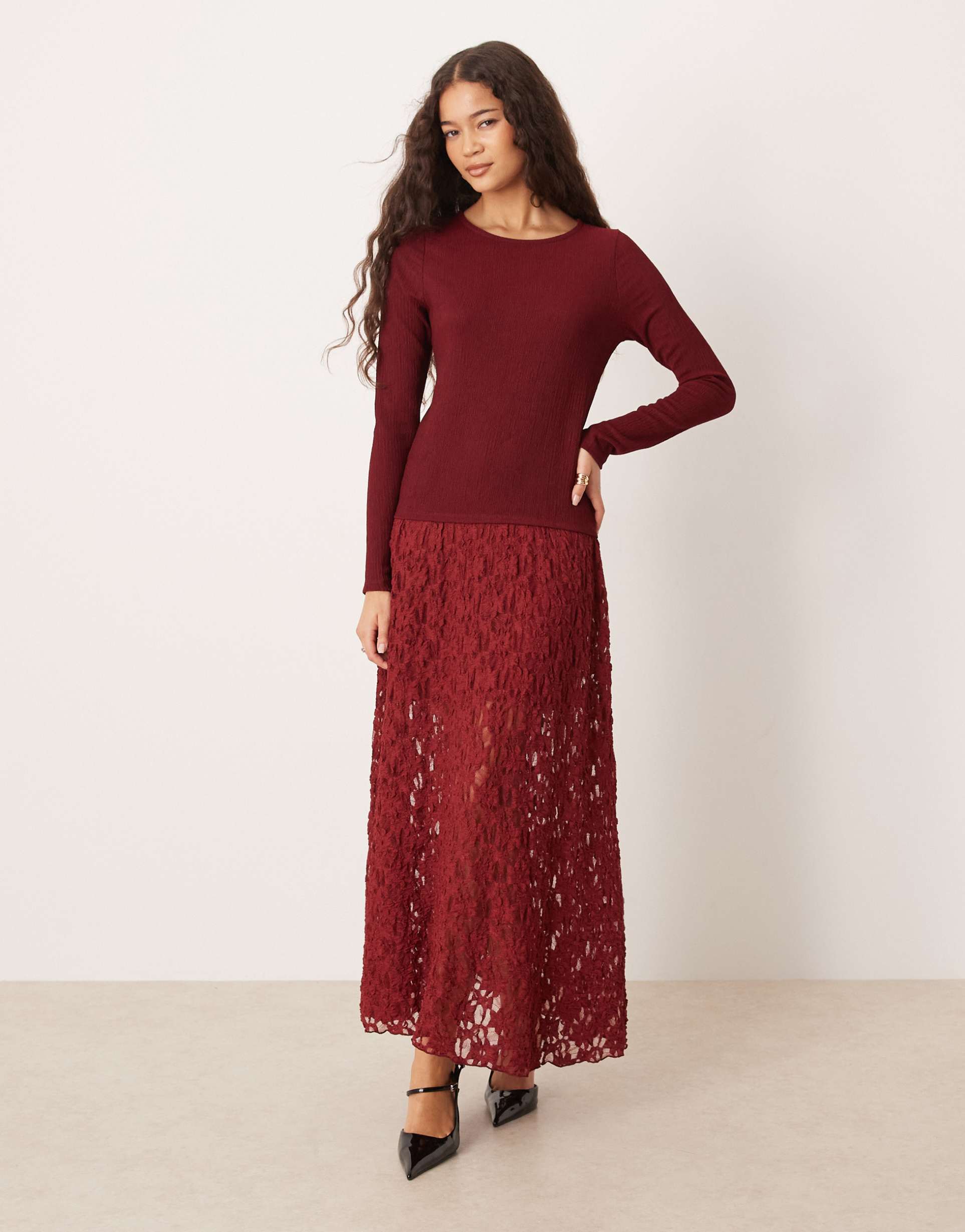 ASOS DESIGN long sleeve dropped waist lace skirt midi dress in burgundy