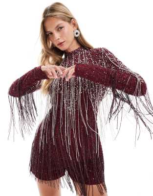 ASOS DESIGN long sleeve embellished fringe playsuit in burgundy-Black