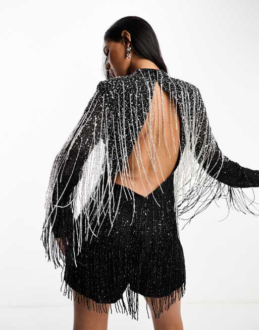 Cassie Rhinestone Fringe Romper (Black)