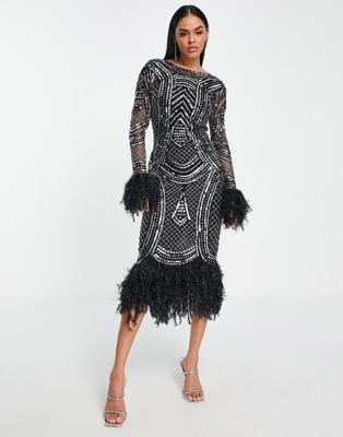 ASOS DESIGN long sleeve embellished sequin midi dress with faux feather trims in black