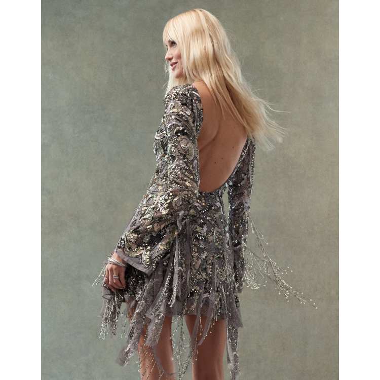 peace love silver high neck long sleeve beaded mini dress Marienne Silver Large Sequin Long Sleeve Mini Dress - 12