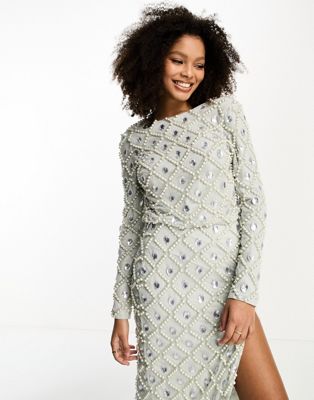 ASOS DESIGN long sleeve embellished sequin and pearl top co-ord in cream