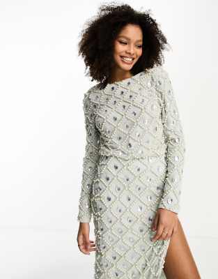 ASOS DESIGN long sleeve embellished sequin and pearl top co-ord in cream