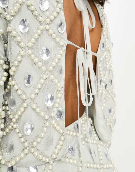 ASOS DESIGN long sleeve embellished sequin and pearl top in cream - part of  a set