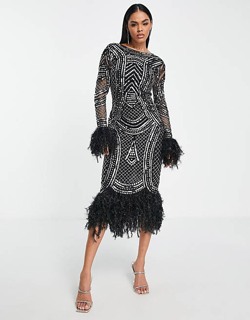 Lunch betalen het kan ASOS DESIGN long sleeve embellished sequin midi dress with faux feather  trims in black | ASOS