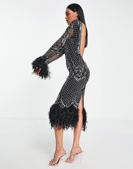 Long sequin dress outlet with feathers