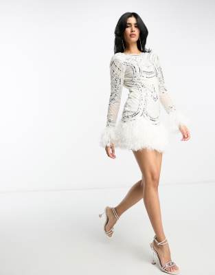 ASOS DESIGN long sleeve embellished sequin mini dress with faux feather  trim in white