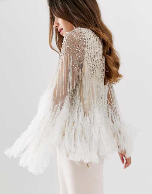 ASOS DESIGN long sleeve embellished top with faux feather trim