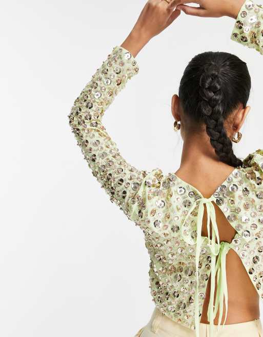 ASOS DESIGN long sleeve embellished top with tie back detail in disc sequin in lime, 3 of 4