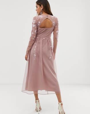 asos design long sleeve embroidered midi dress