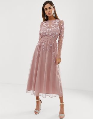 asos design long sleeve midi dress with embroidered flowers and ruffle detail