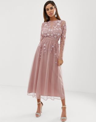 asos design long sleeve embroidered midi dress